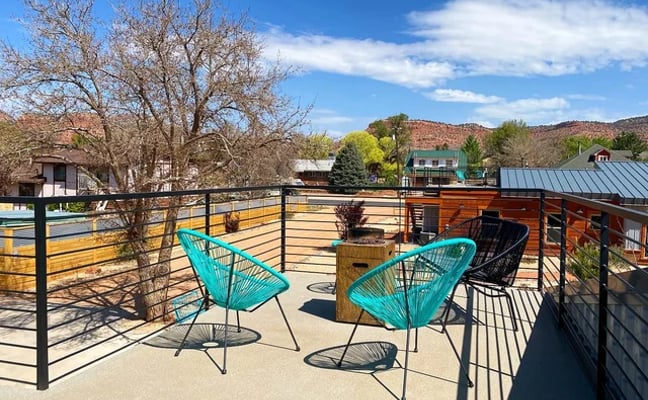 Private rooftop deck at Timber + Tin with red rock views